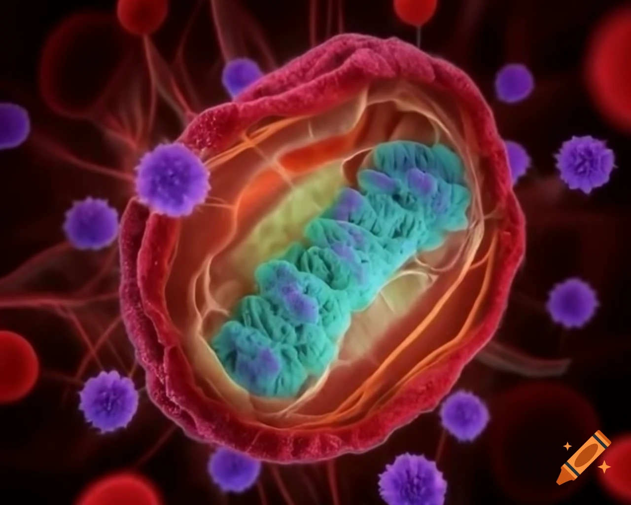 Cellular mitochondria producing energy and depicting cancer cell growth with apoptotic pathways ...