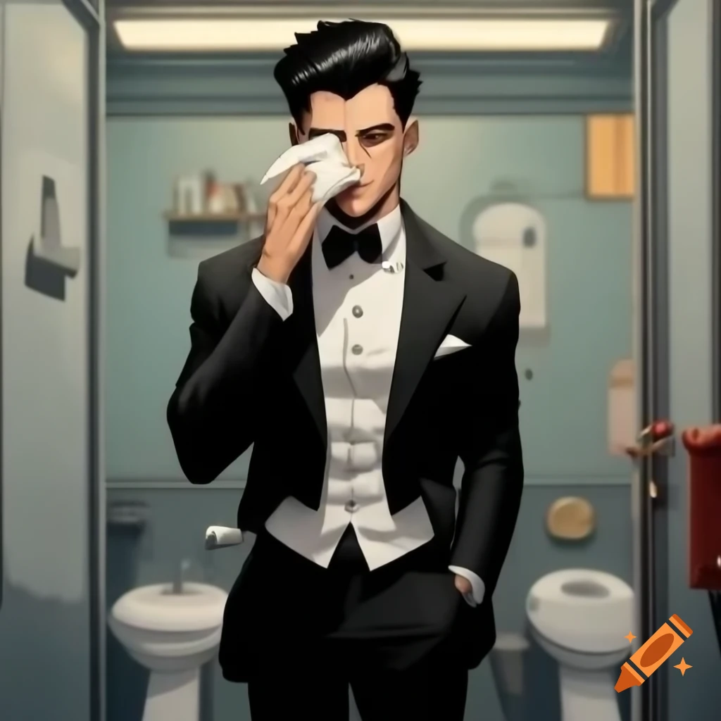 Comic book style illustration of male bathroom attendant in tuxedo ...
