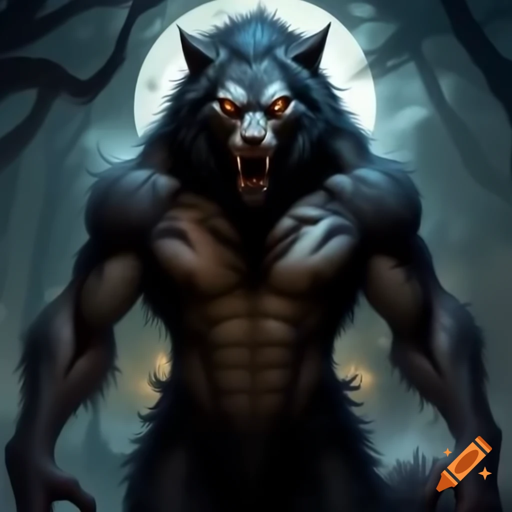 Detailed avatar of fierce werewolf standing under full moon with glowing eyes