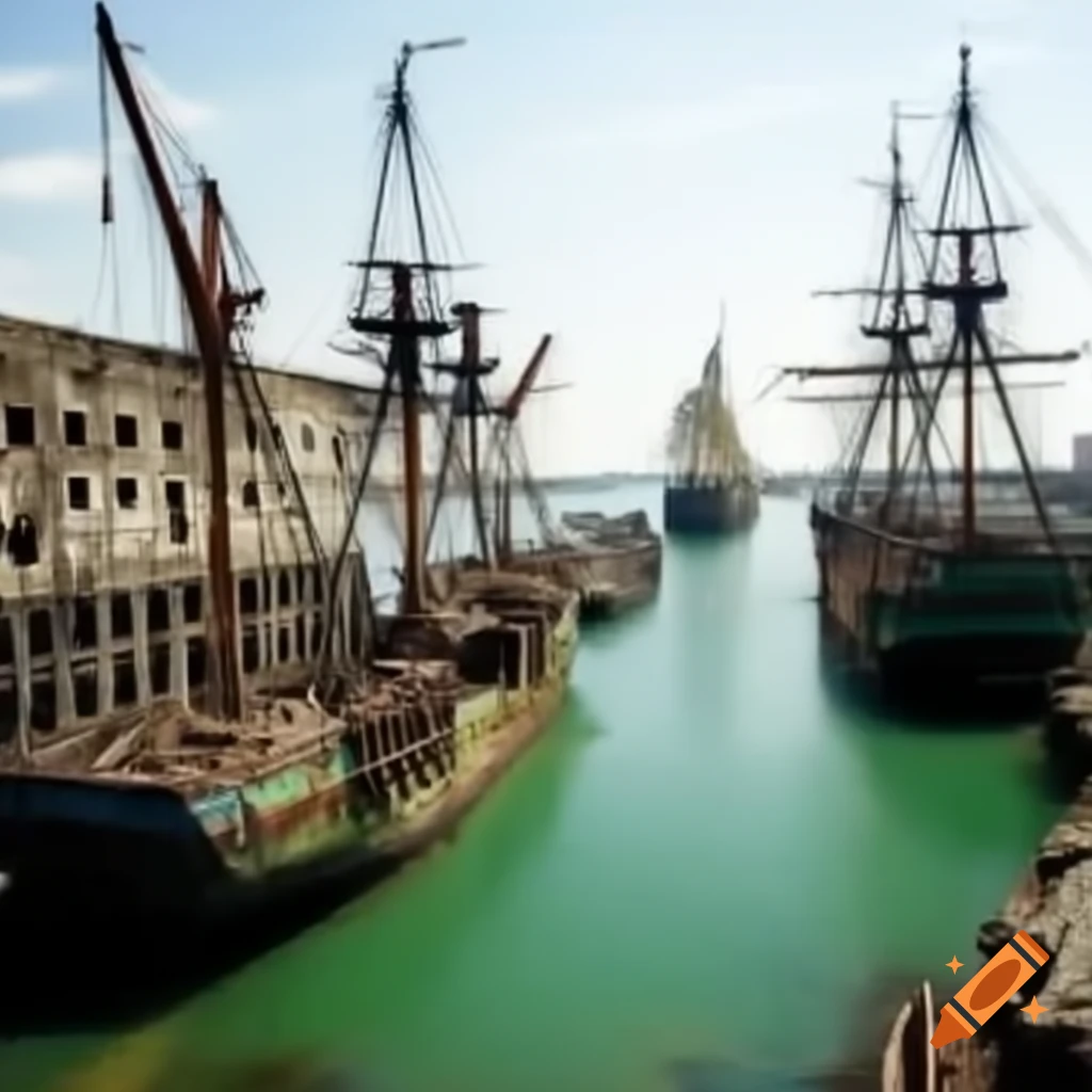 Abandoned harbor featuring sail-less ships and stagnant green water
