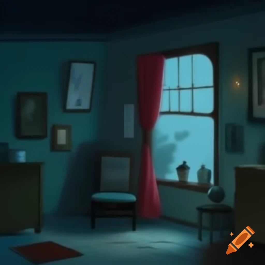 Cozy dimly lit room with vintage decor and rainy street view at night
