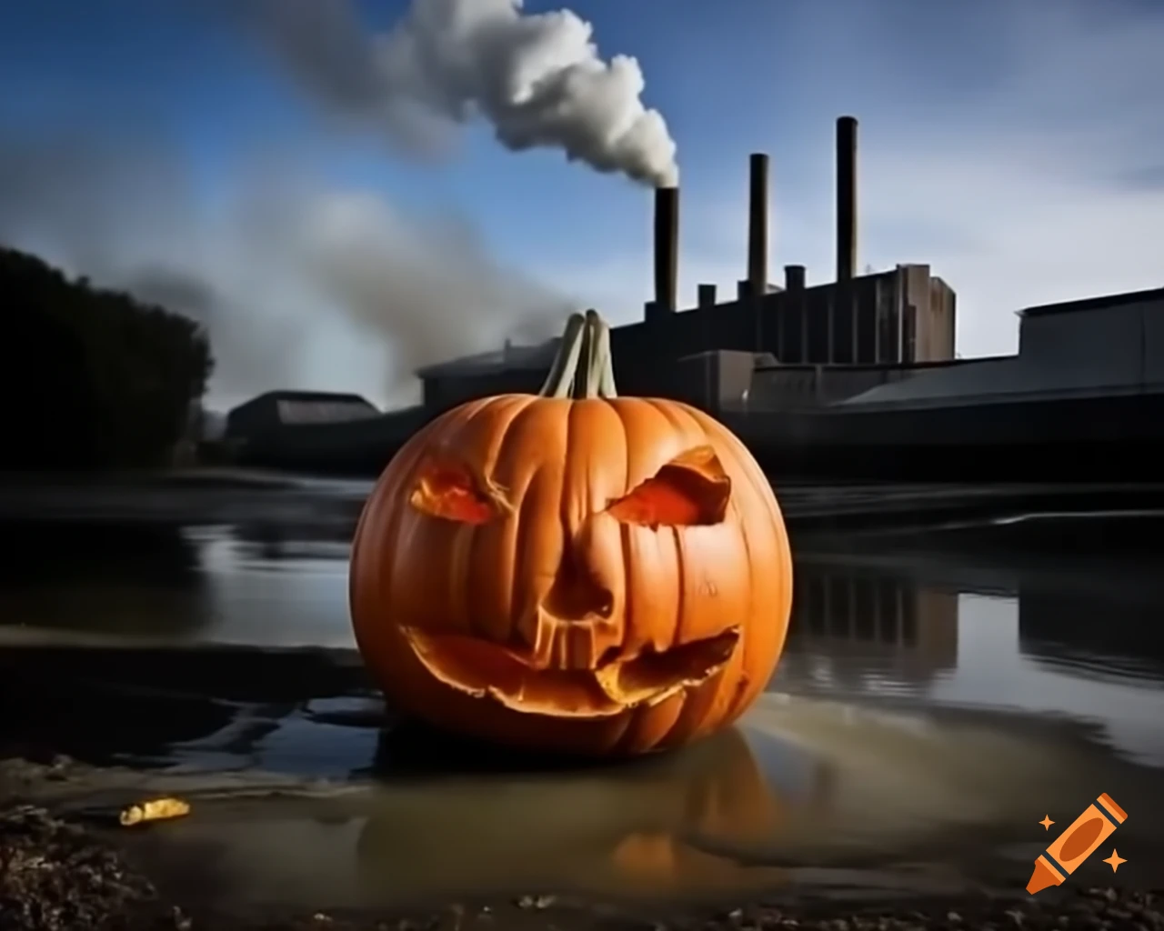 Polluted factory resembling a pumpkin emitting smoke and sewage into river