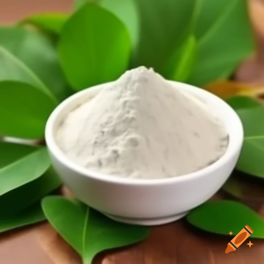 Malunggay powder in white bowl with fresh malunggay leaves