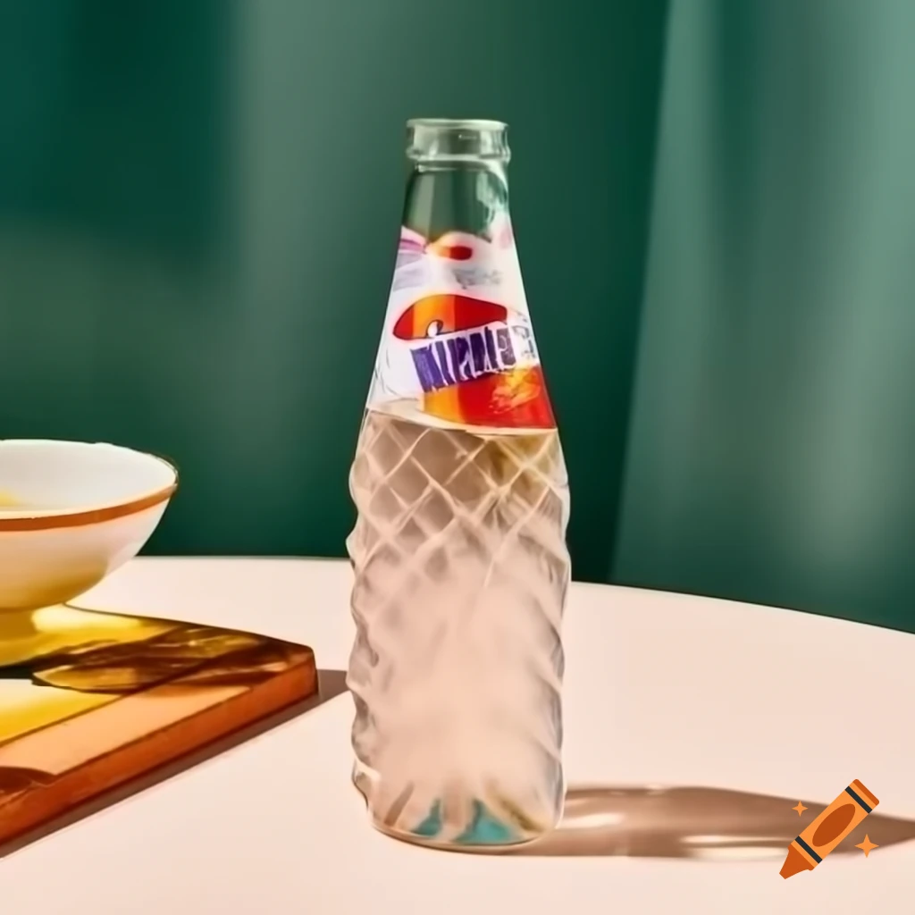 Refreshing glass bottle of sparkling grape soda on table