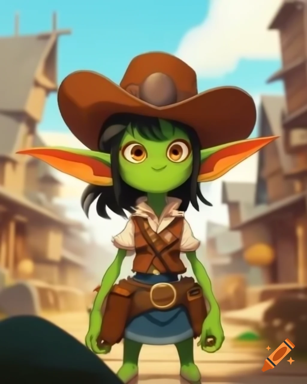 Green-skinned goblin girl tipping cowboy hat in wild west town