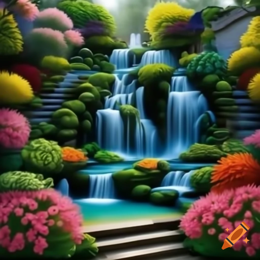 Vertical wallpaper of multiple beautiful waterfalls surrounded by colorful garden and flowers