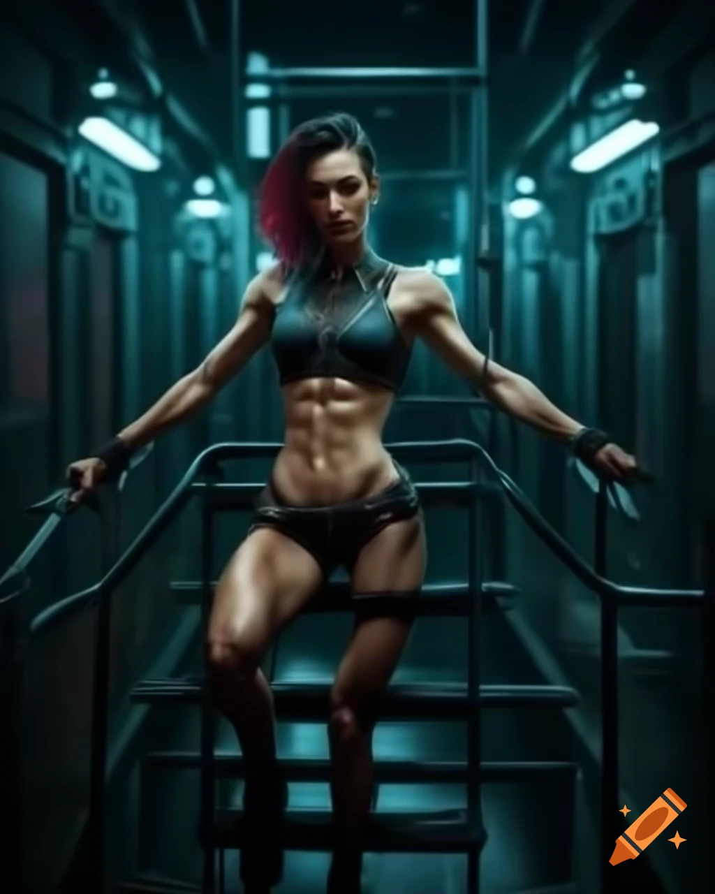 Muscular woman escaping from futuristic prison in cyberpunk setting
