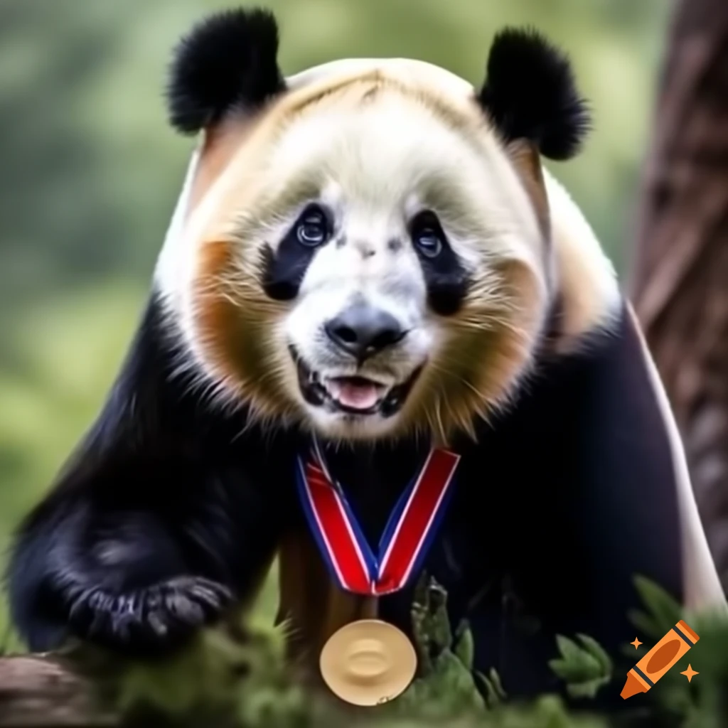 Panda wearing a gold medal