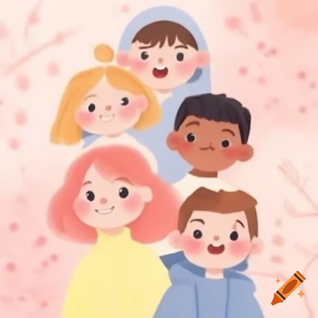 Three girls and two boys in a cute pastel drawing