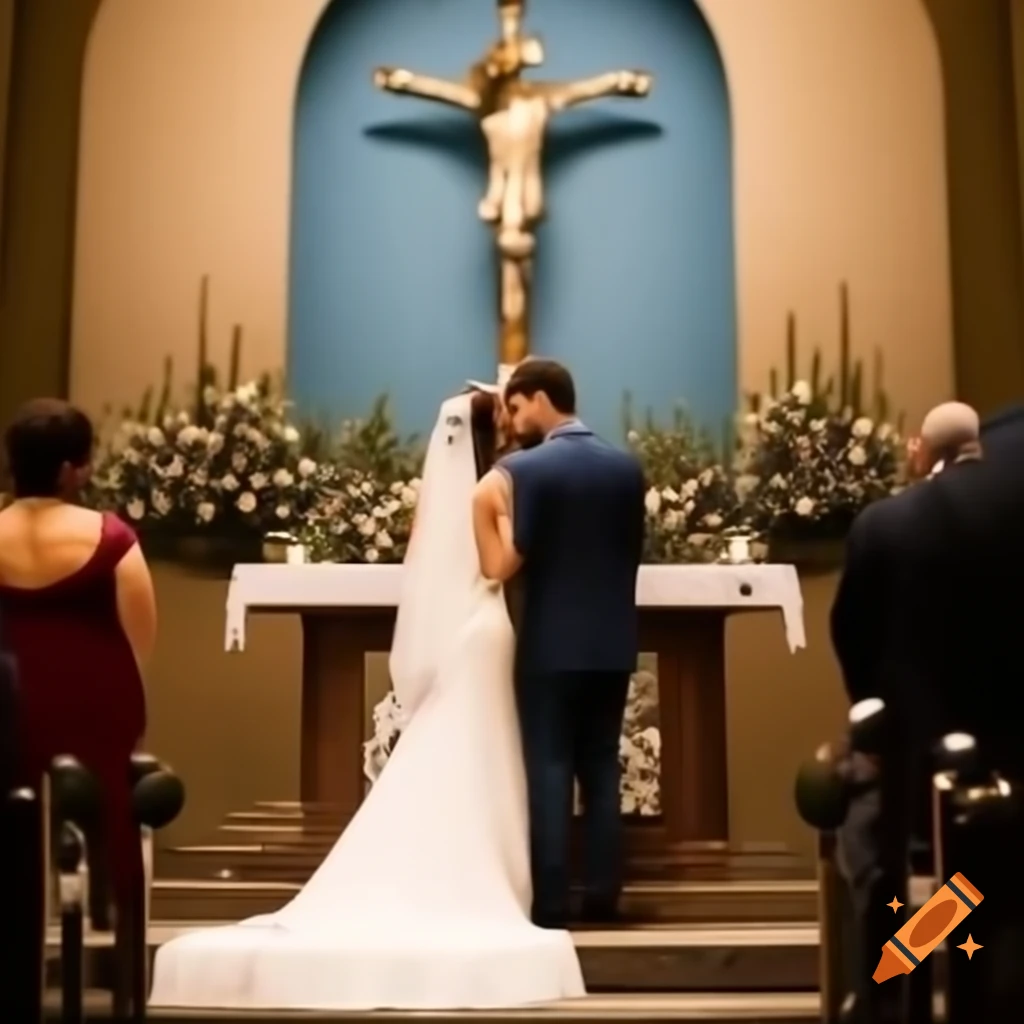 Bride and groom with religious figure at the center