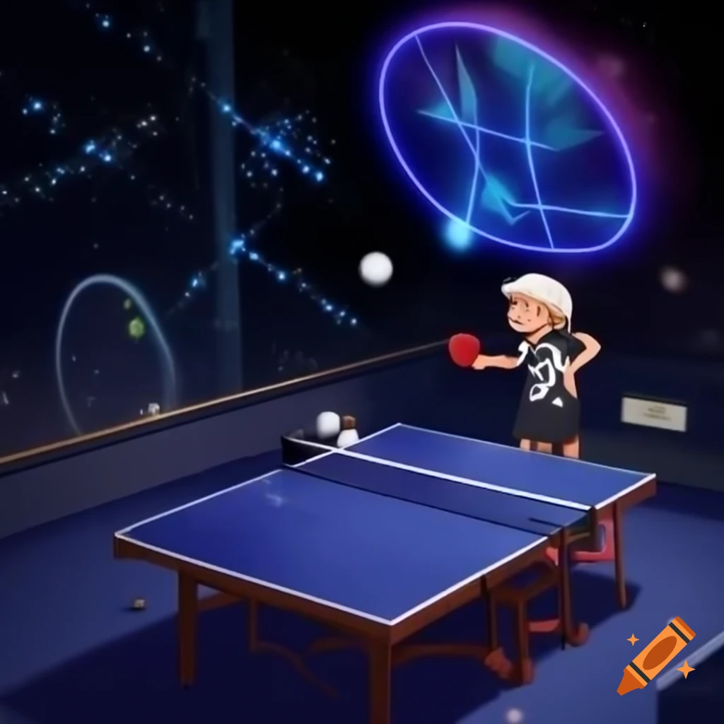 Young man in space playing table tennis with glowing racket and atom ...