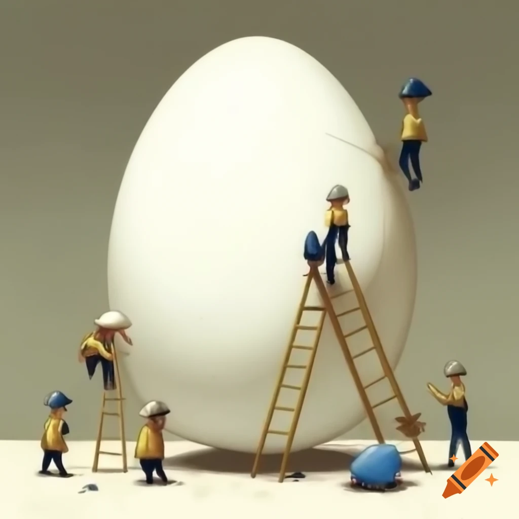 Workers painting large egg with miniature woman illustration