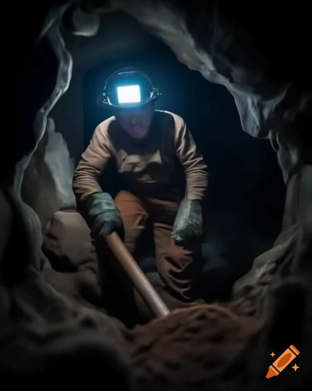 Miner working in dark underground cave