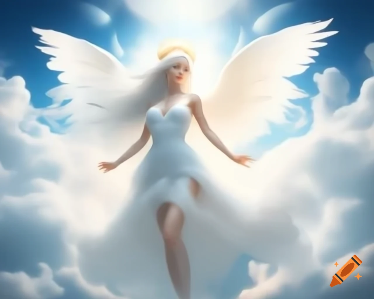 Ethereal angel girl with white hair and wings in cloud-filled sky on ...