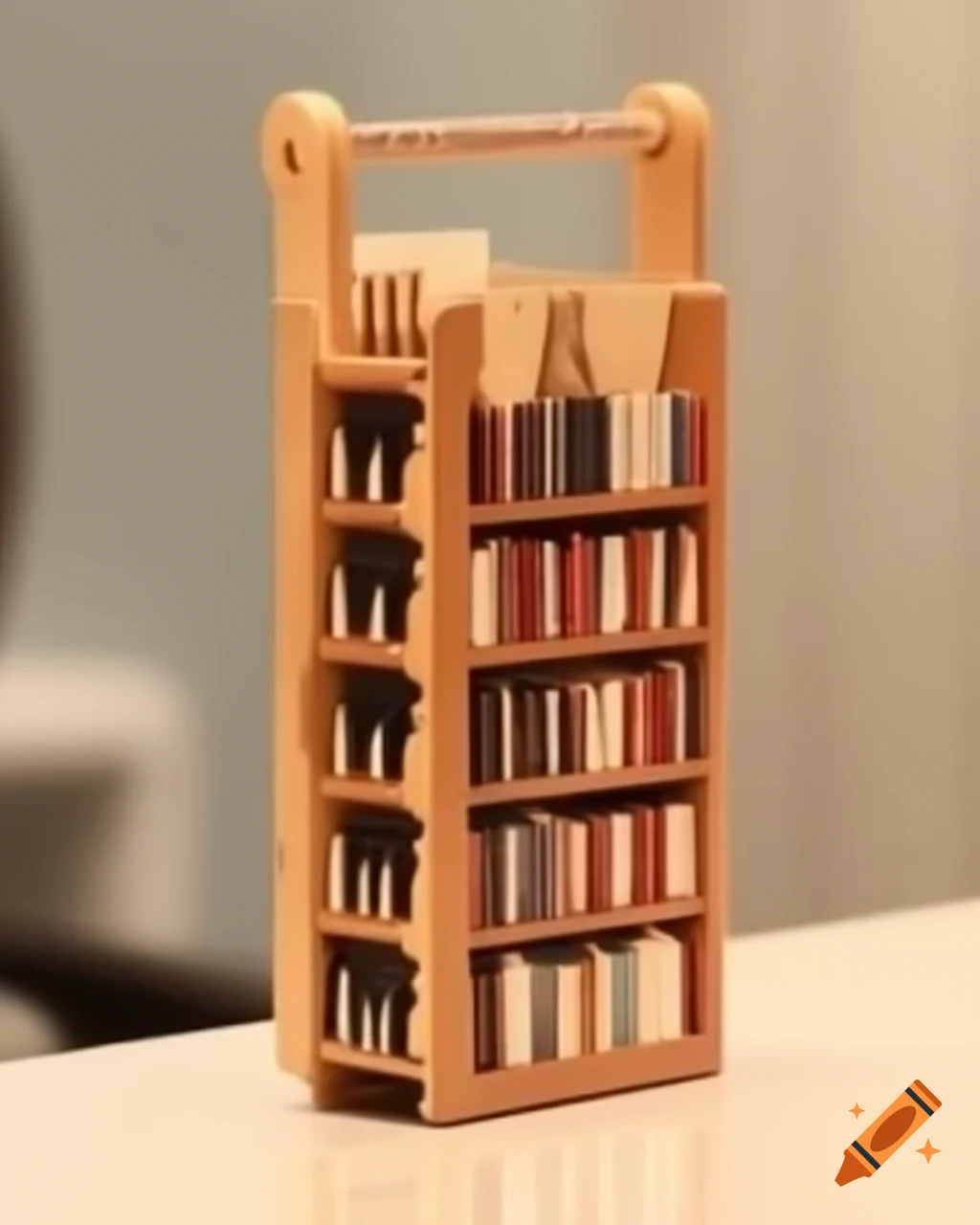 Wooden NFC keycard holder resembling bookcase with 120 aligned cards on reception desk