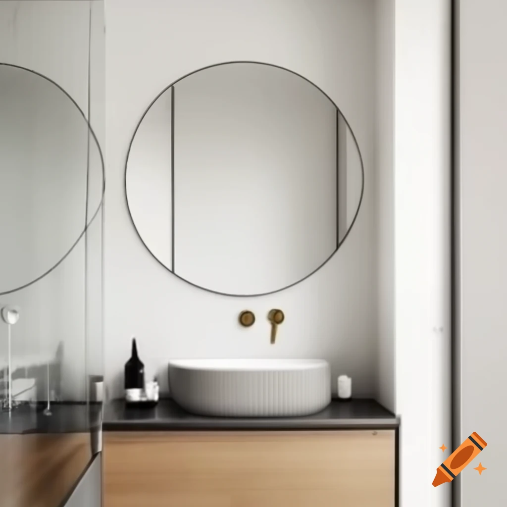 Contemporary bathroom with sleek round mirror and minimalist design on ...