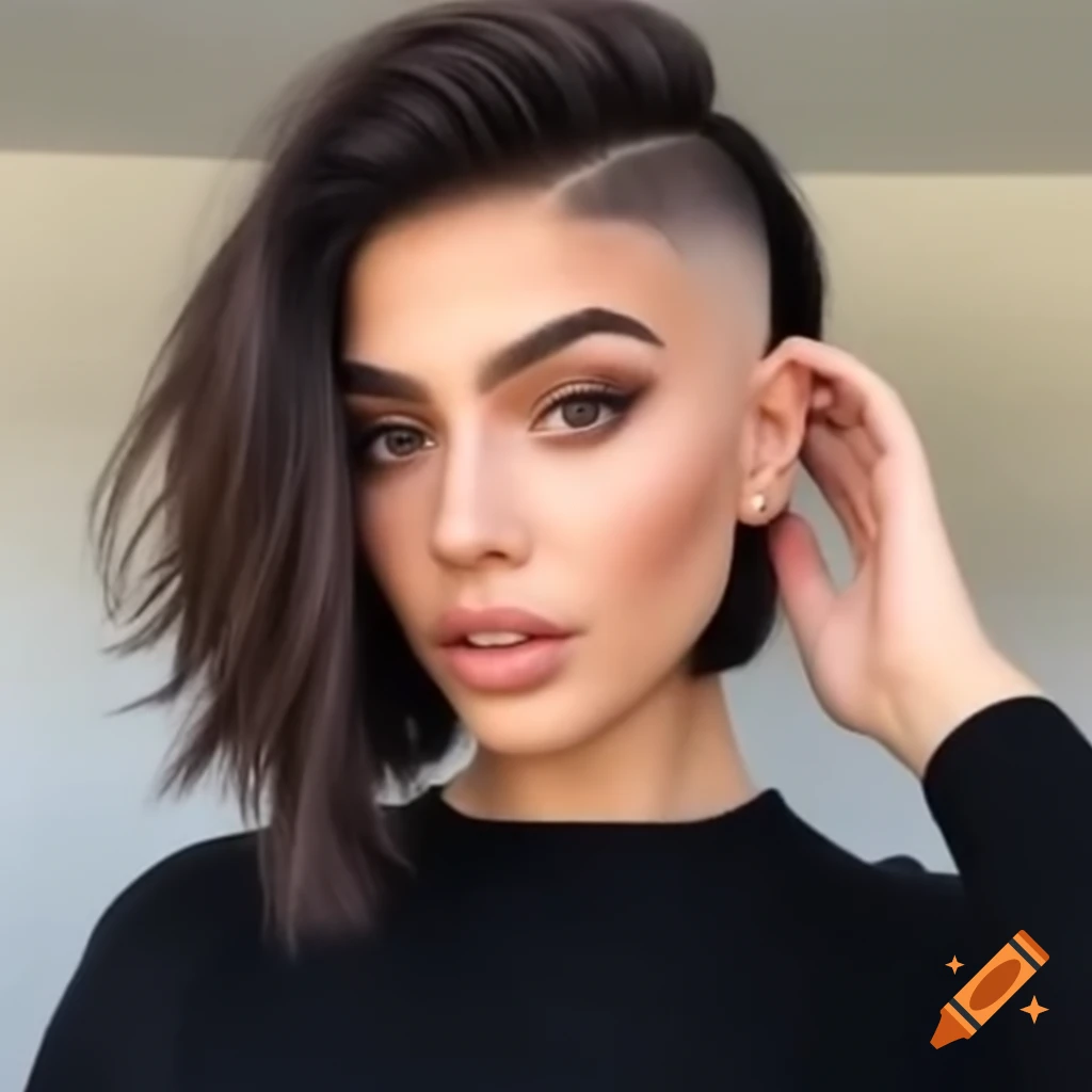 Mediterranean woman with asymmetrical bob and thick dark brown hair on ...