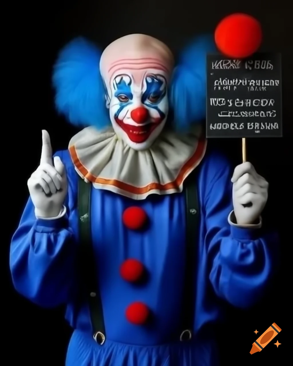 Conservative clown with blue hair dressed in blue holding a big sign, energetic pose