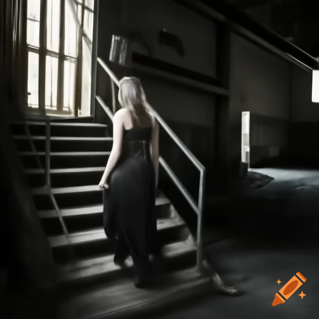 Woman in early 2000s emo attire walking up stairs in abandoned factory