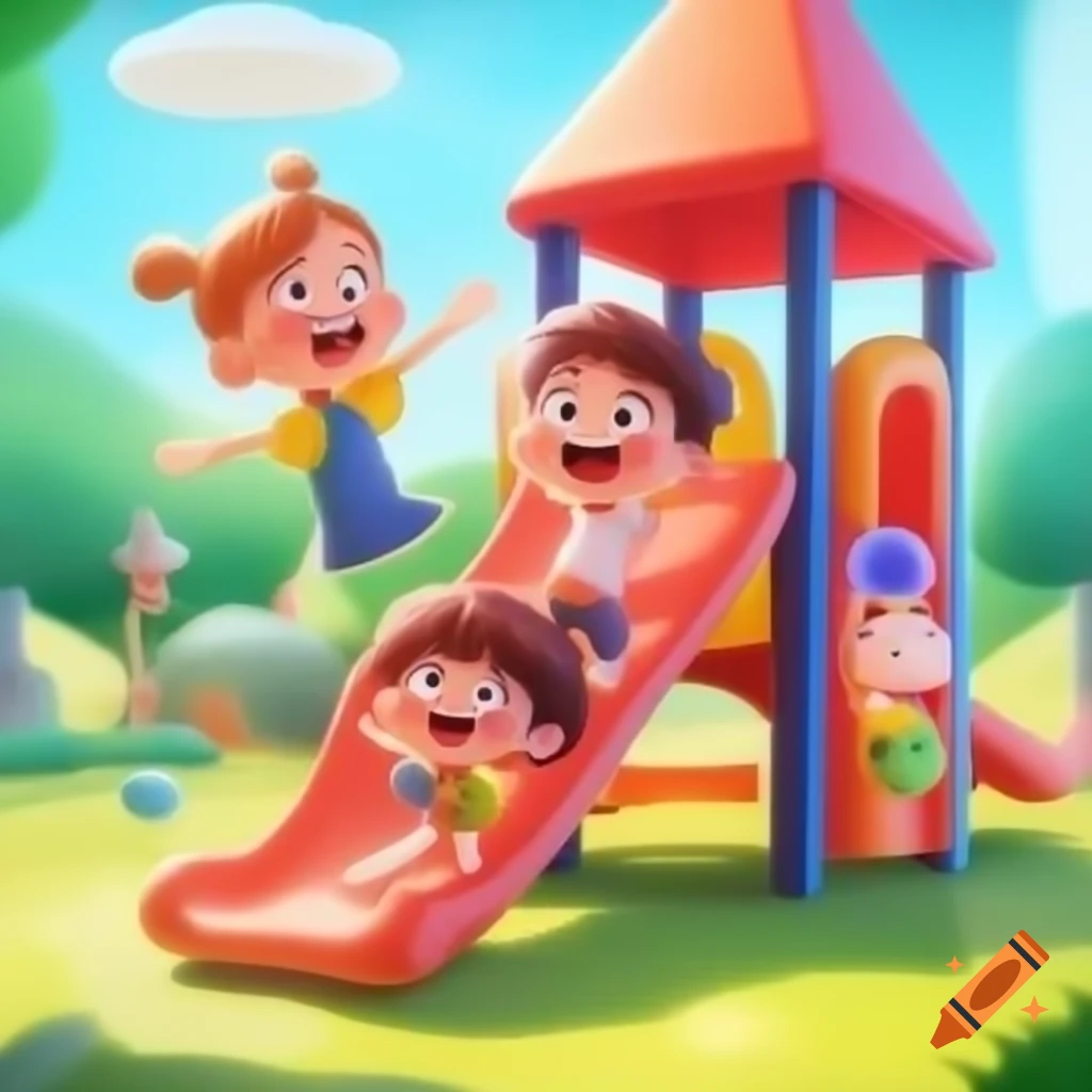 Happy children playing on colorful playground in whimsical digital art