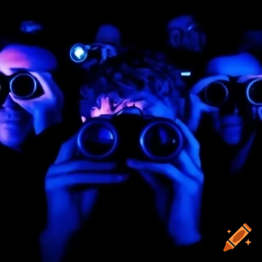 Group of people with binoculars observing activity under blue flashing lights