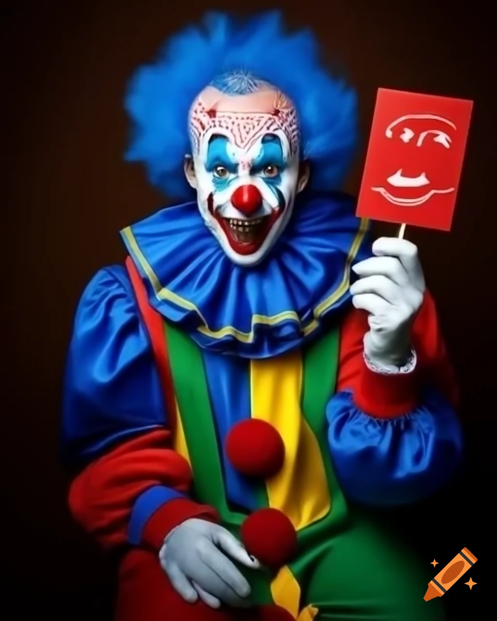 Conservative clown with blue hair dressed in blue holding a big sign, energetic pose