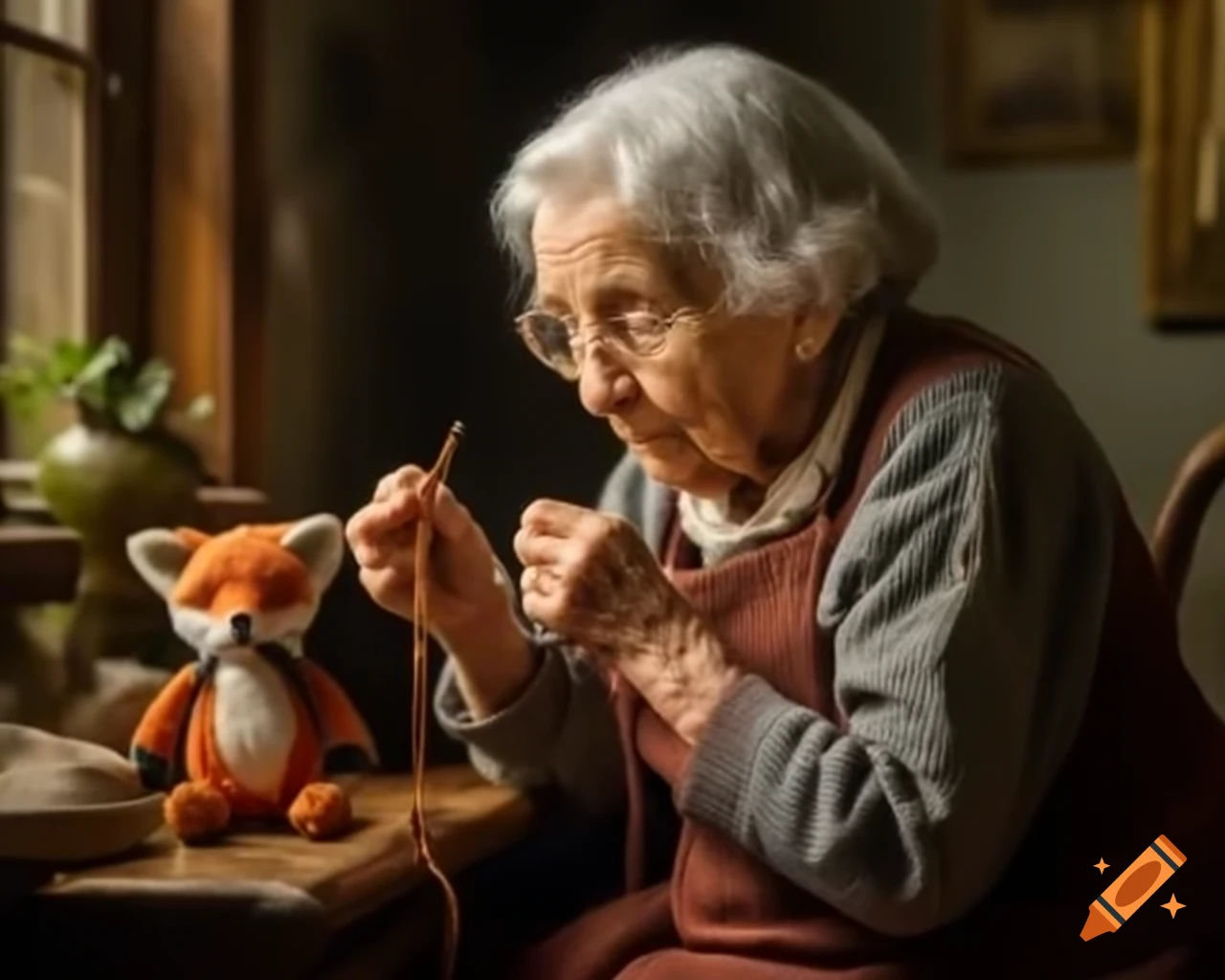 Old woman knitting a stuffed fox