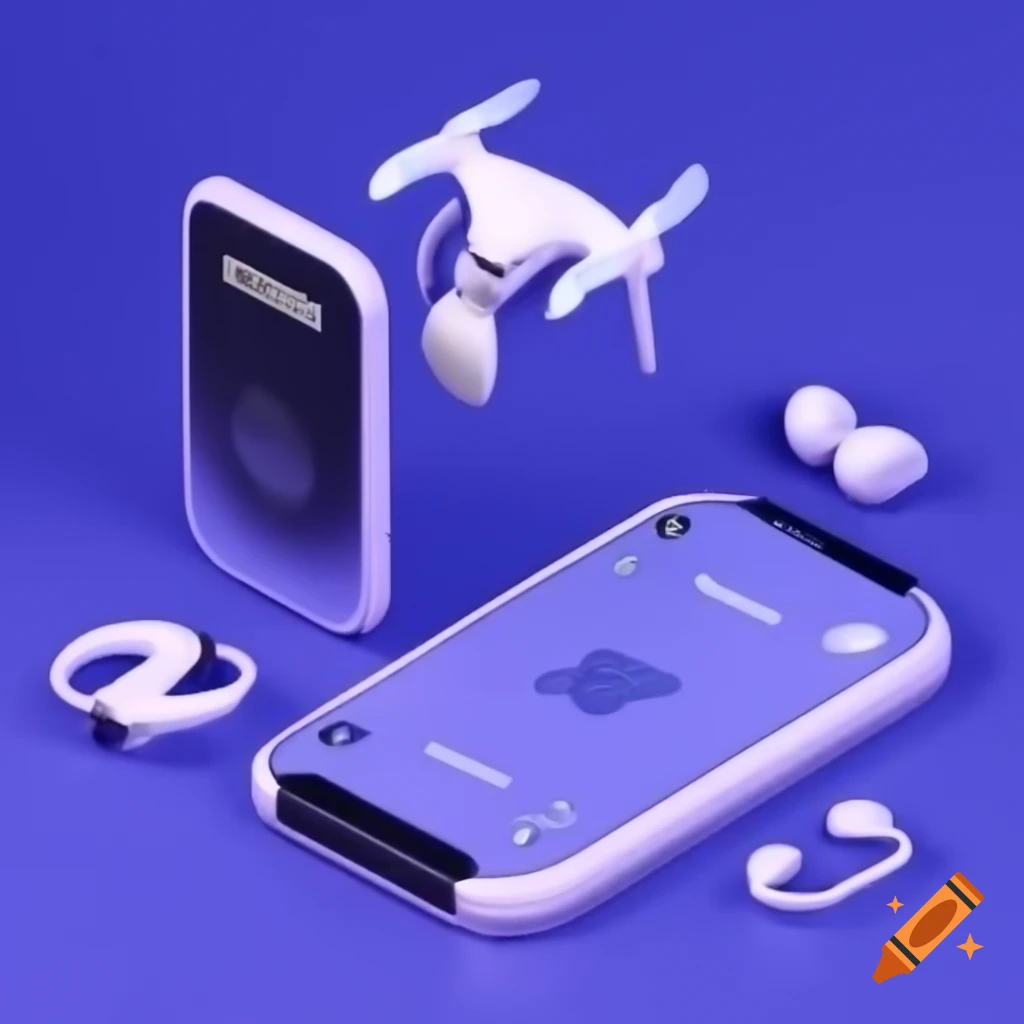 Collection of cell phone, earbuds, drone, watch, and battery