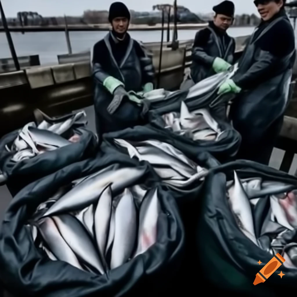 Bagging Fish Commercial fishermen bagging salmon catch on wharf on Craiyon