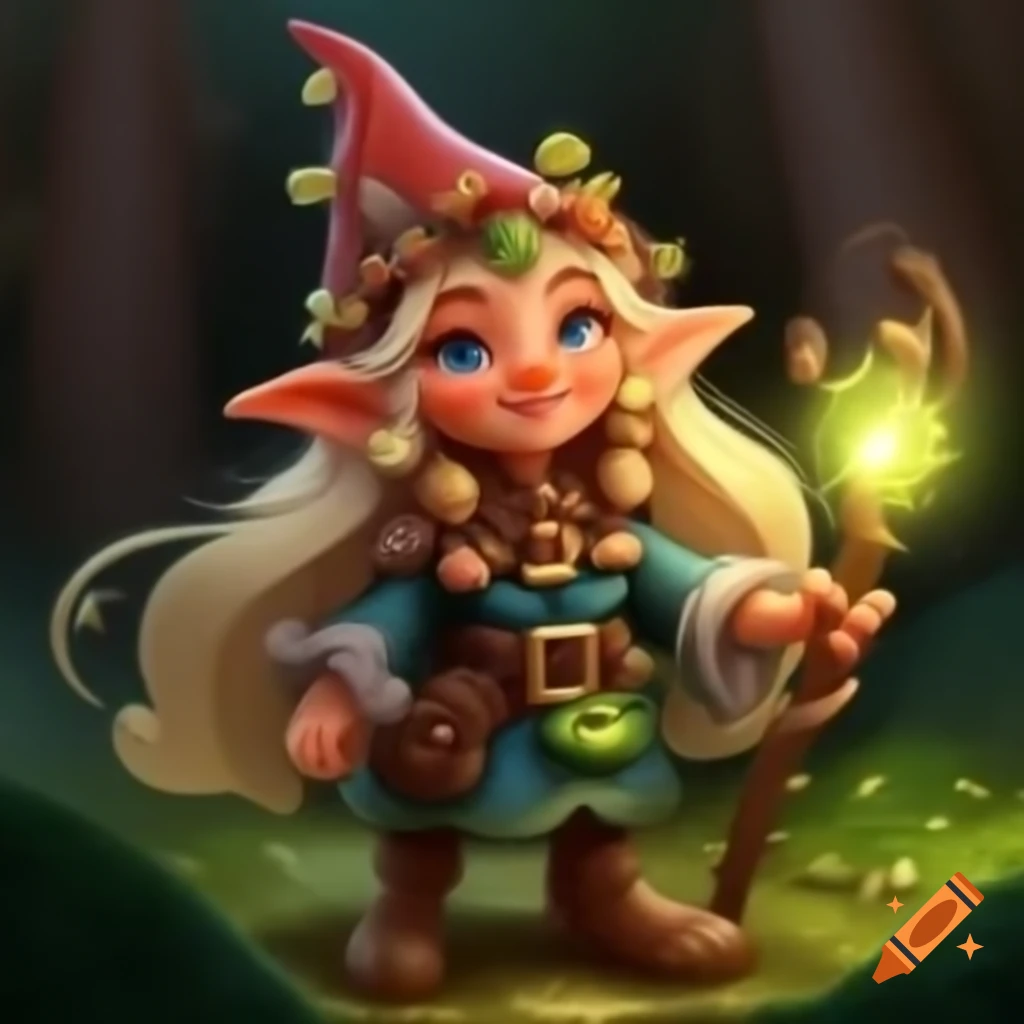 Beautiful female gnome with blonde hair and crown of fungi, lighting forest path with staff