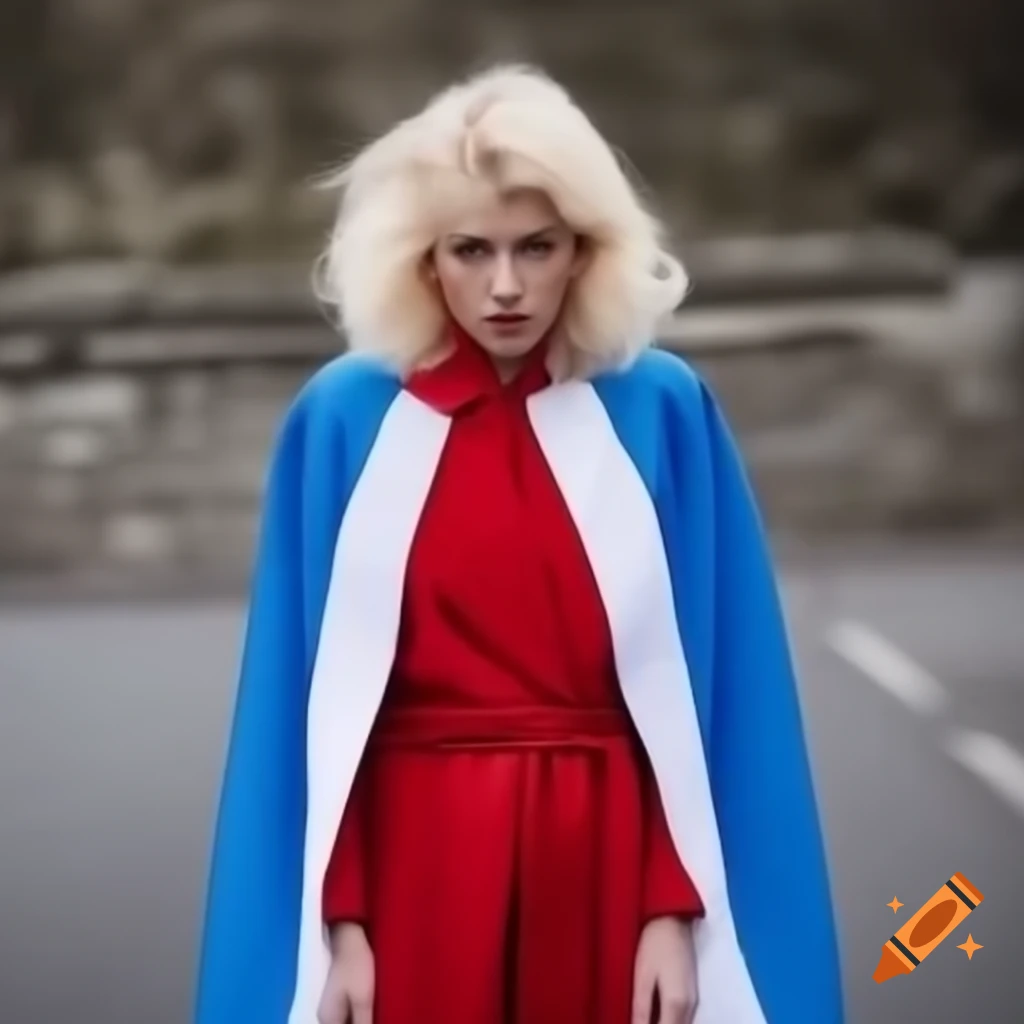 Woman with blond hair and blue eyes in blue, white, and red dress holding French flag
