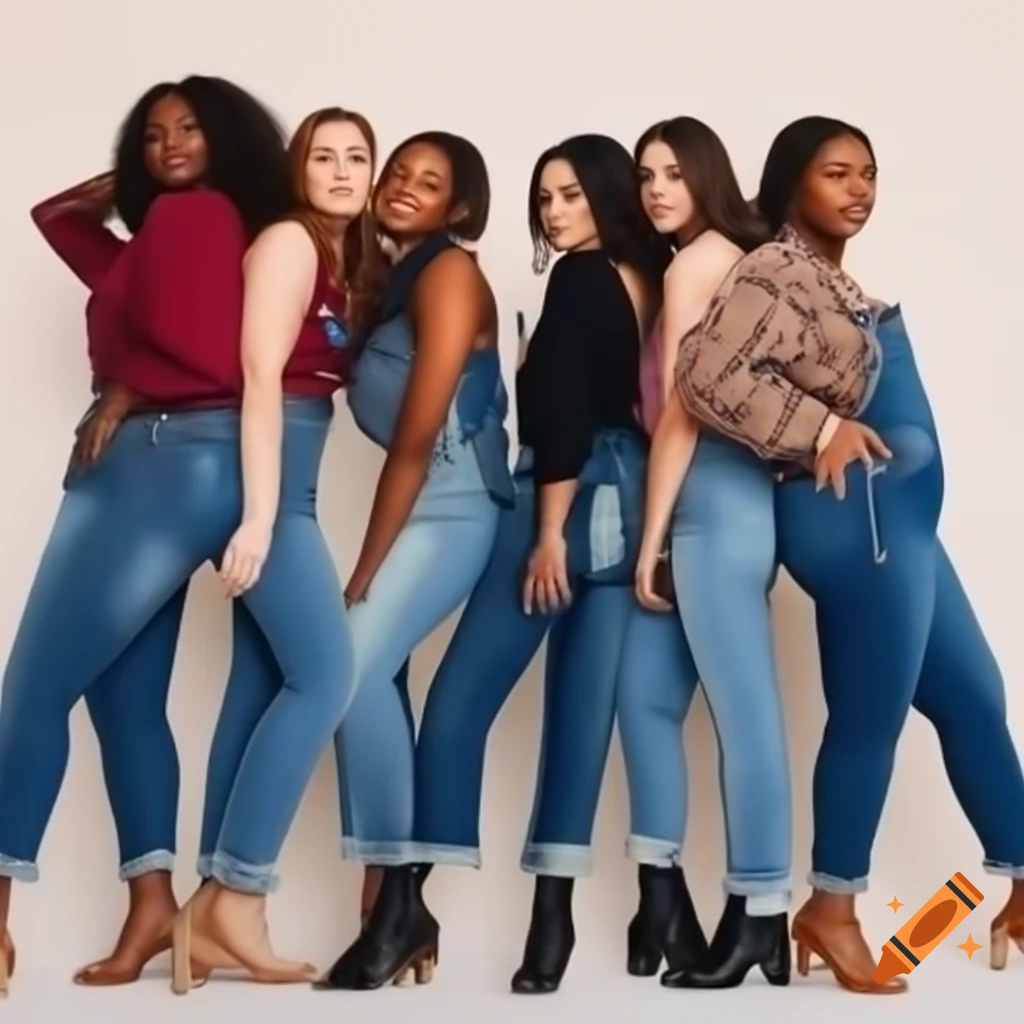 Group of three girls posing in stylish jeans