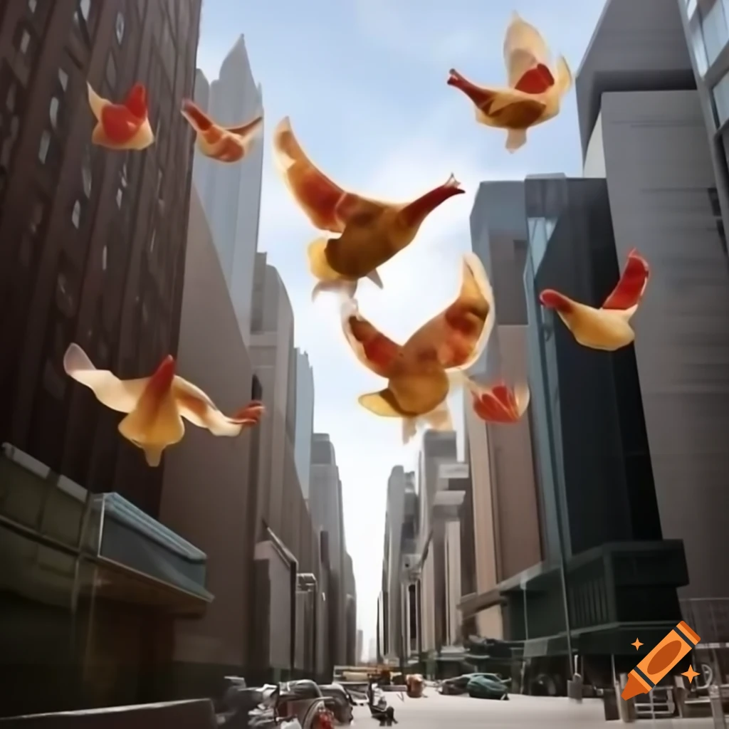 Six flying chickens over urban landscapes