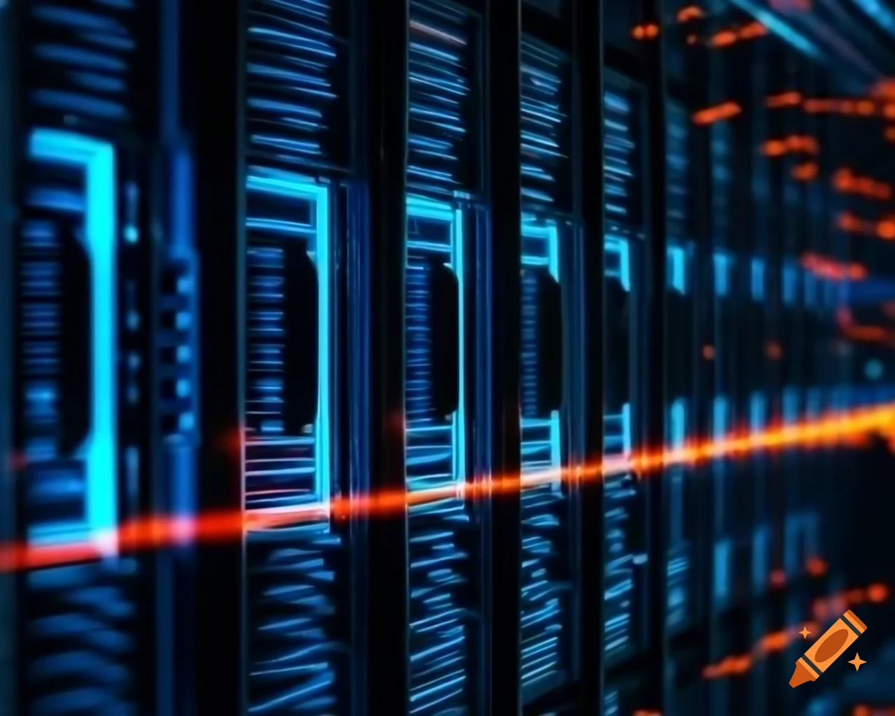 Servers in a cloud resembling a cityscape in orange and dark blue