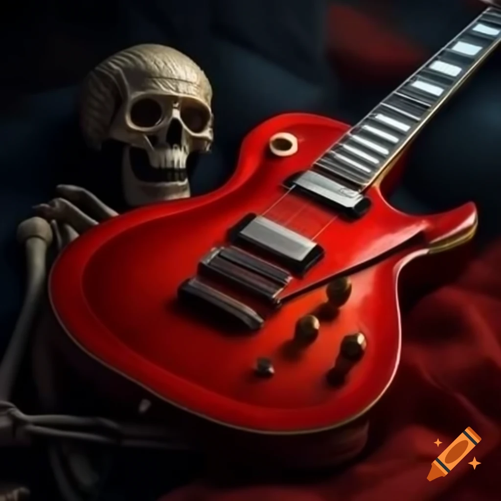 Red electric guitar designed with skeleton motif