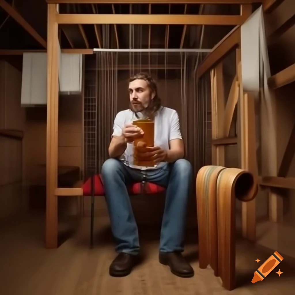 Man at loom enjoying beer and house music