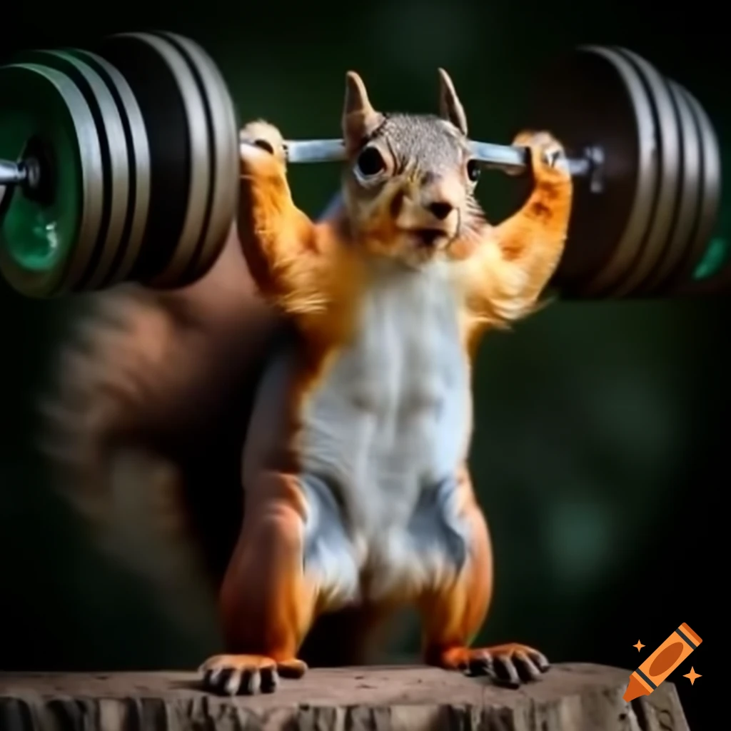 Muscular squirrel lifting heavy weights with strength