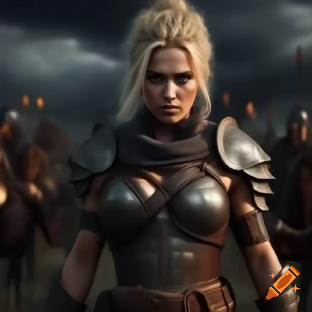 Scarred female warrior with blonde hair in leather armor wielding a ...