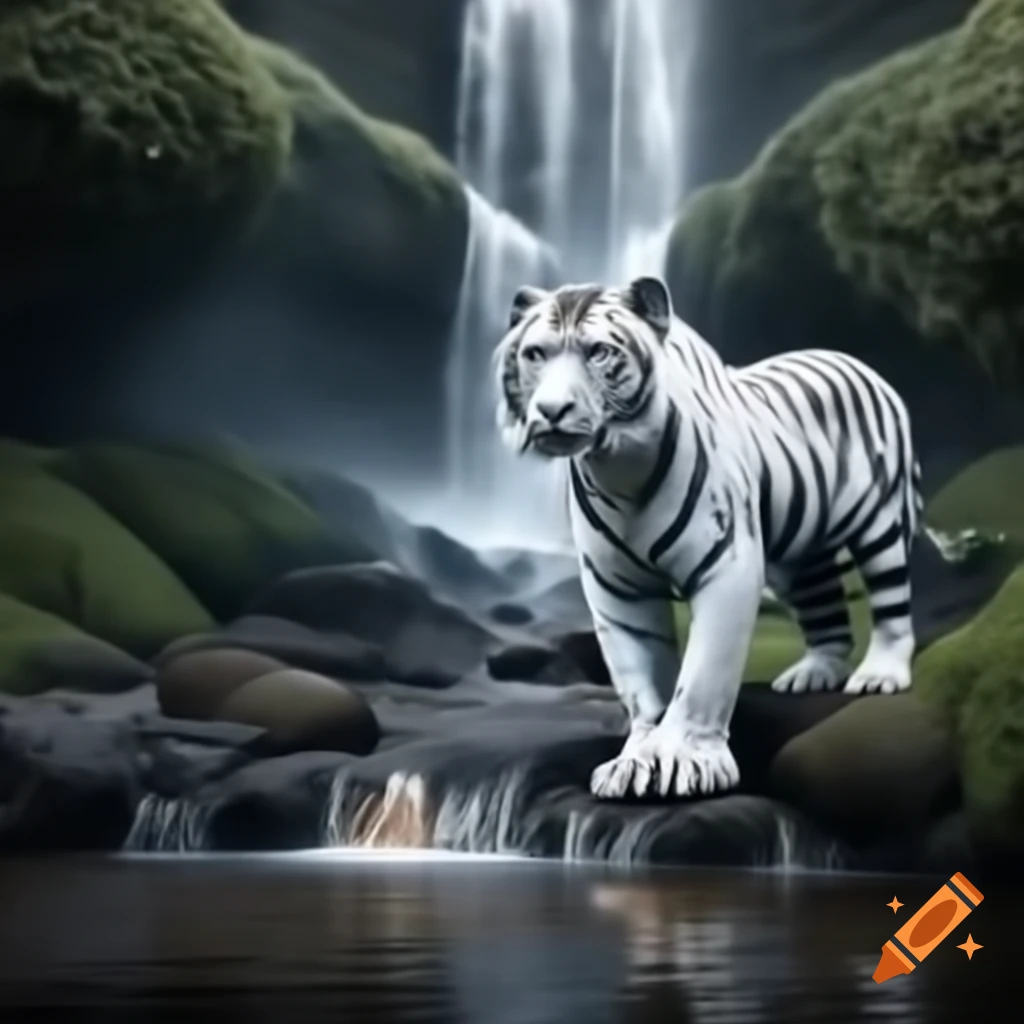 White tiger beside a waterfall