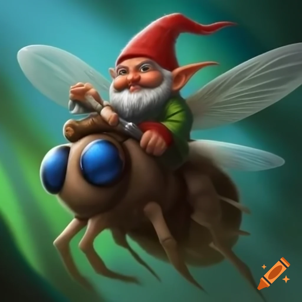 Rock gnome riding a giant fly