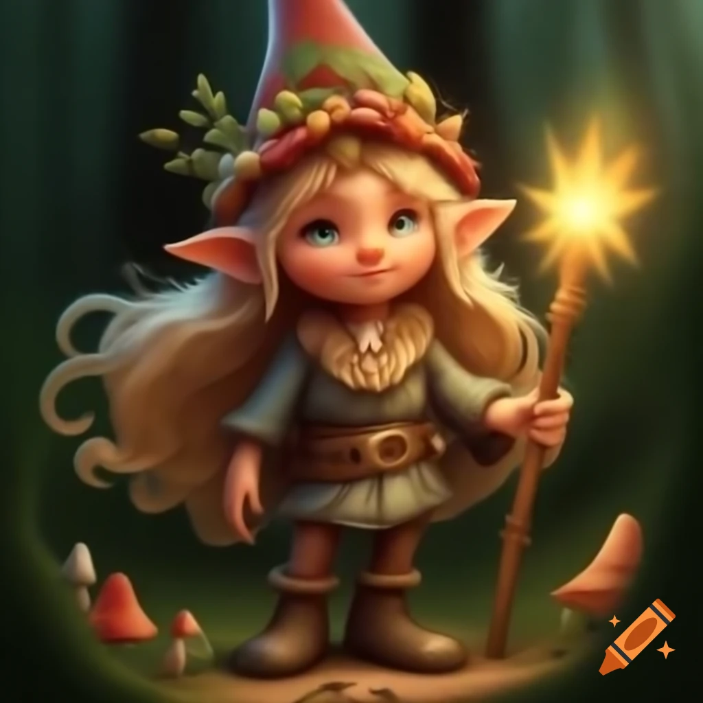 Beautiful female gnome with blonde hair and crown of fungi, lighting forest path with staff