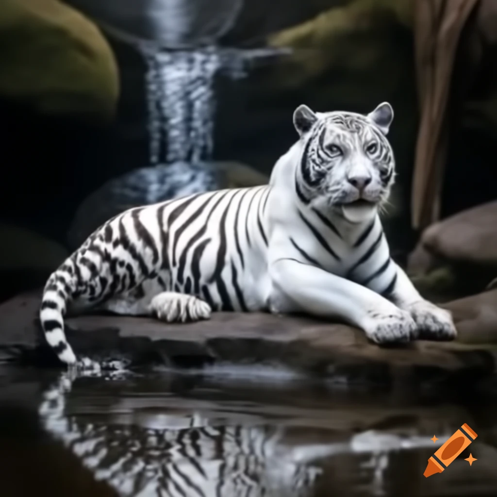 White tiger beside a waterfall