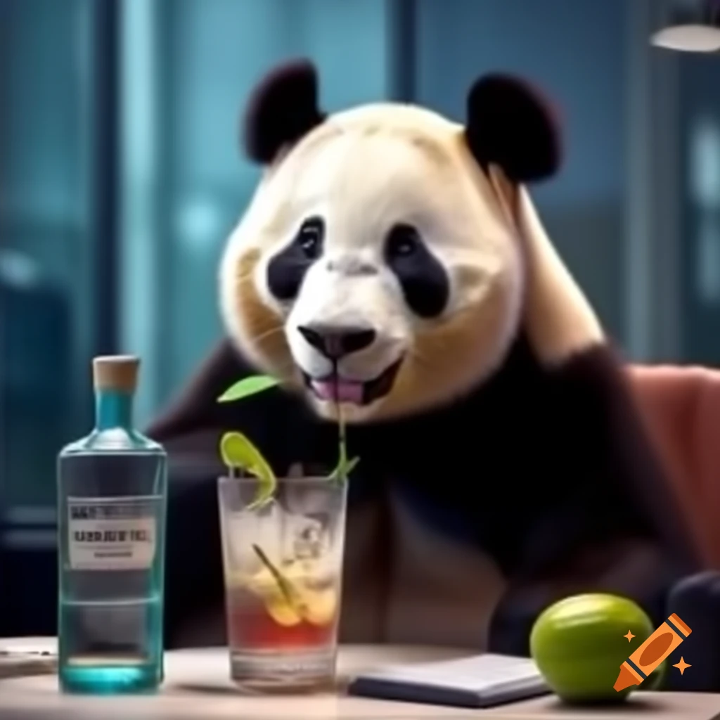 Female panda enjoying a drink at the office