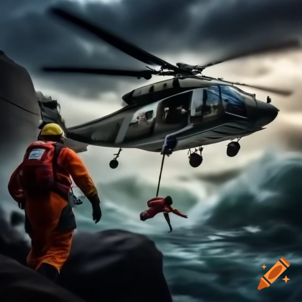 Helicopter rescue mission during a storm with rescue worker reaching stranded hiker