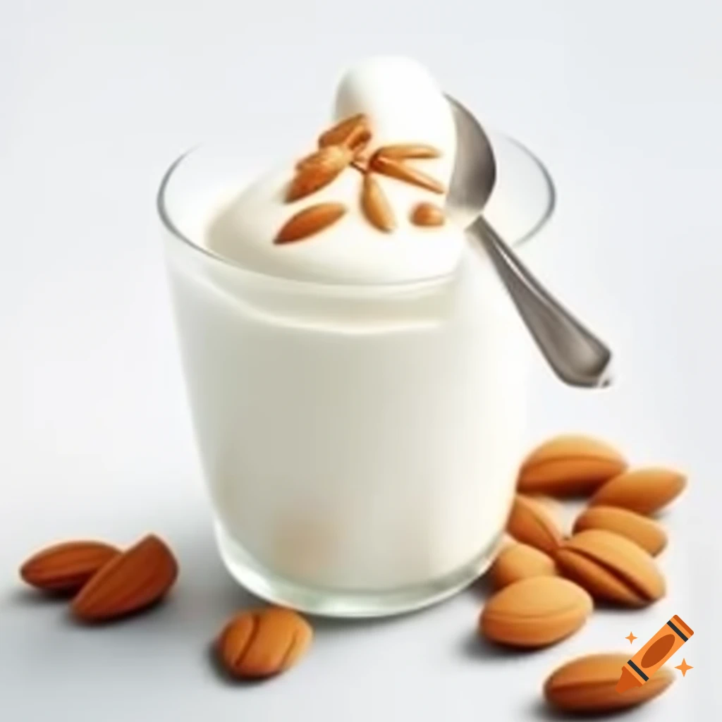 Glass of yoghurt with spoon and almonds
