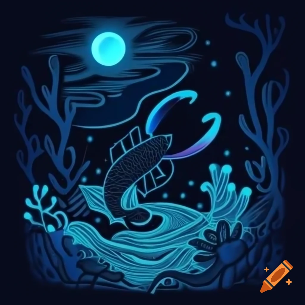 Lobster in dark ocean setting with gradients of blue and black