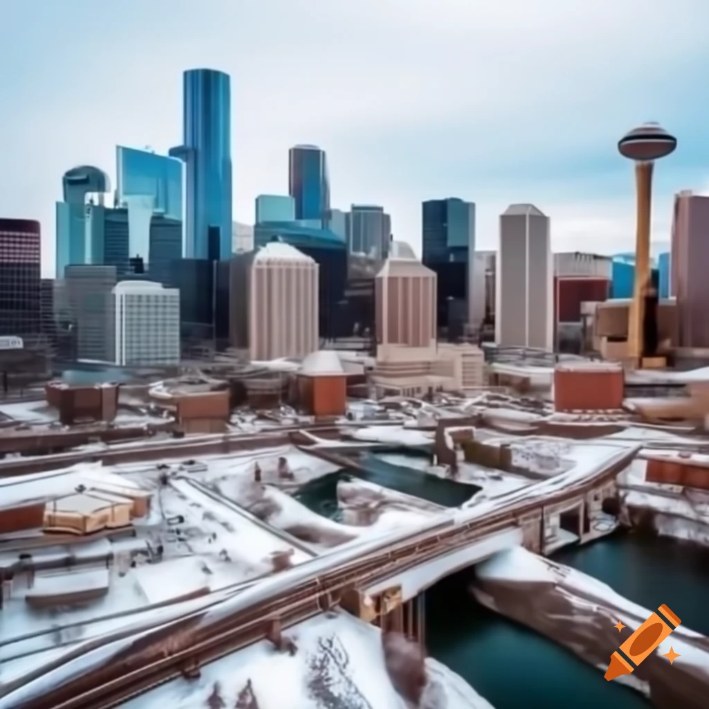 Drone view of downtown Calgary with detailed architecture including Calgary Tower and The Bow