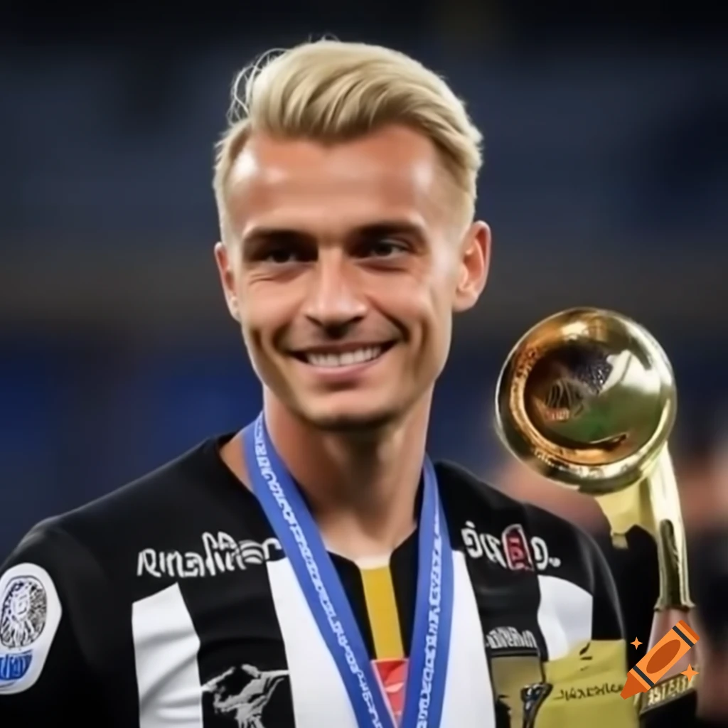 Soccer player in black and white kit holding trophy with medal around neck