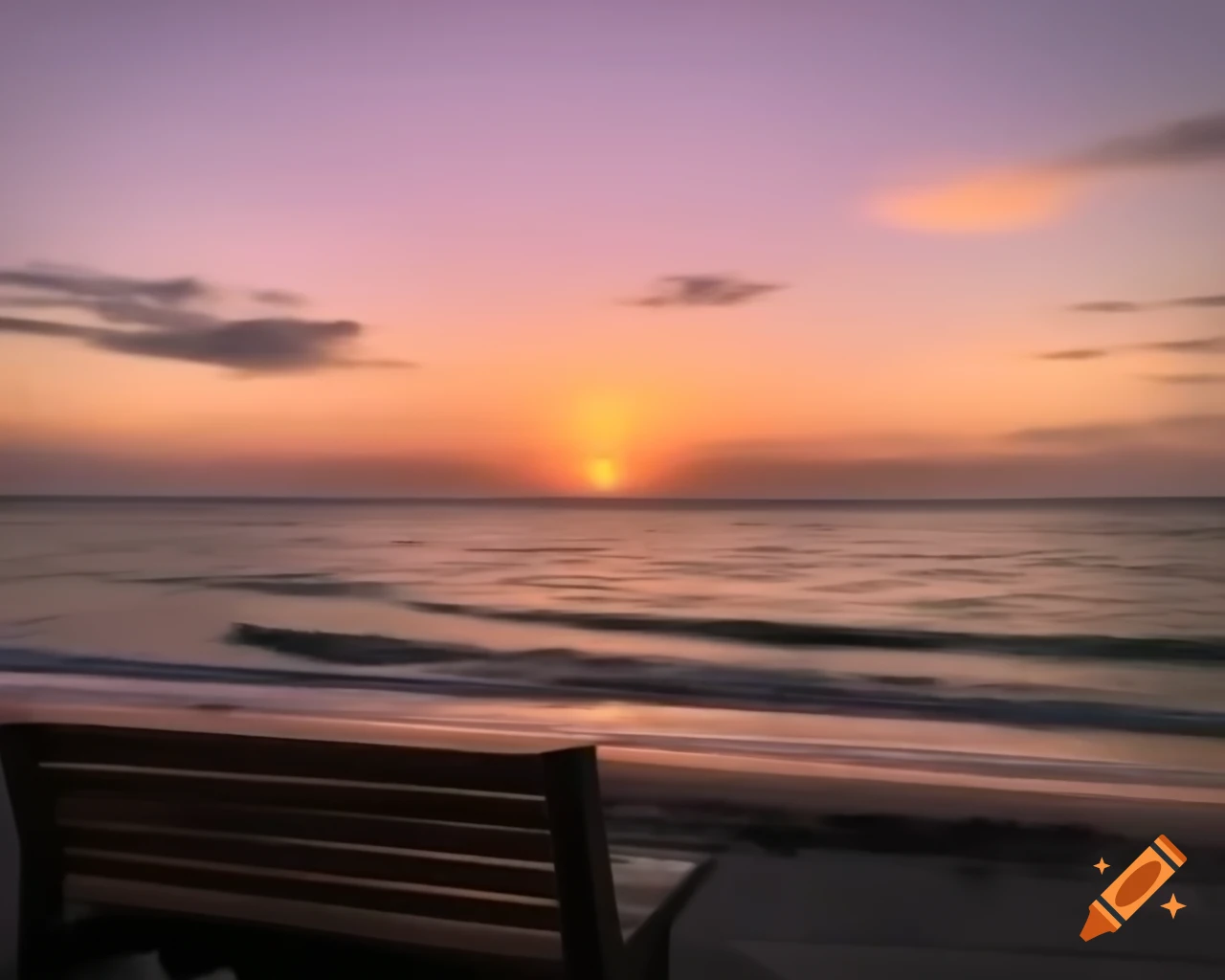 Golden sunset over calm beach with vibrant sky and cozy bench