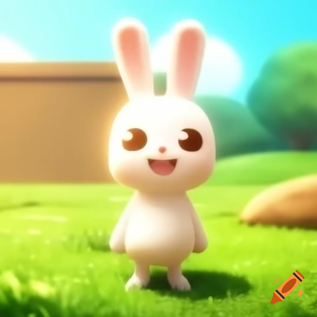Happy bunny standing on two feet in grass on sunny day